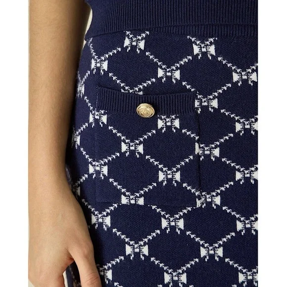 MAJE Navy Bow Design Jacquard Knit Gold Logo Button Patch Pocket Mini Skirt 6 - Picture 14 of 14